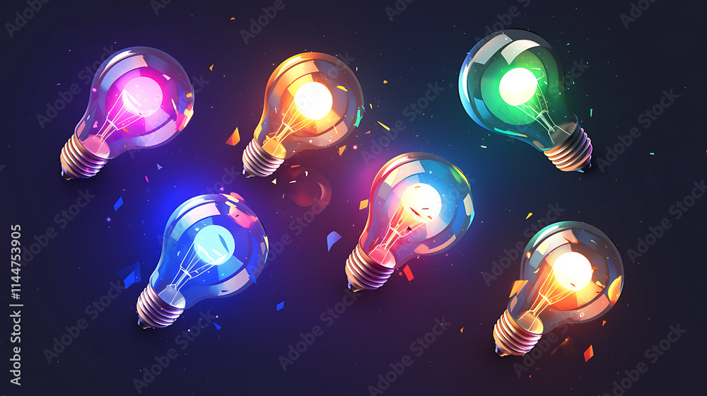 Naklejka premium Colorful light bulbs with glowing interiors against a dark background.