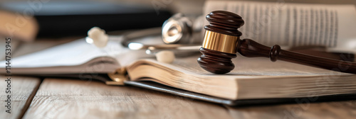 A close-up of a gavel placed on an open law book, complemented by a stethoscope, signifies the intersection of law and medicine in decision-making processes.