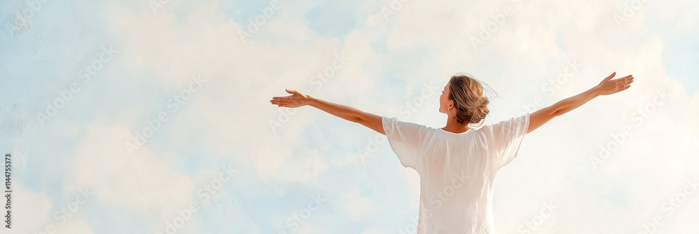 Fototapeta premium A person stands with arms wide open, embracing the sky and soft clouds, representing freedom, joy, and the limitless possibilities of the human spirit.