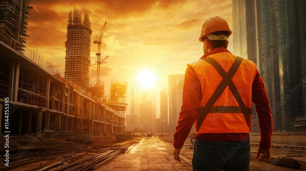Engineer Facing Rising Sun Over Cityscape Engineer Facing Rising Sun Over Cityscape