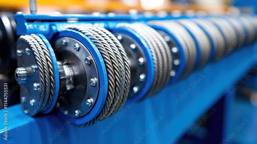 Fototapeta premium Close-up of industrial machinery with wire rope pulleys.