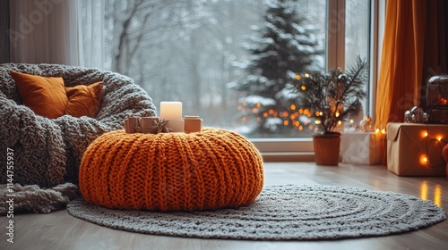 Cozy winter living room with orange knitted pouf