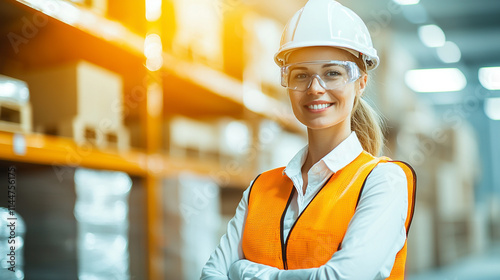 Confident woman in safety gear poses in a modern warehouse setting.