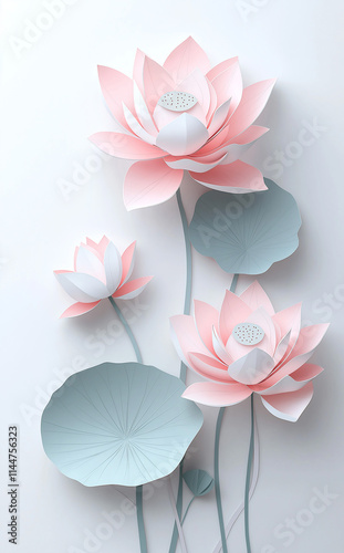 3d wall tiles design. white lotus with green leaf, grey marble background