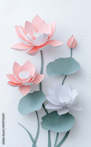 3d wall tiles design. white lotus with green leaf, grey marble background