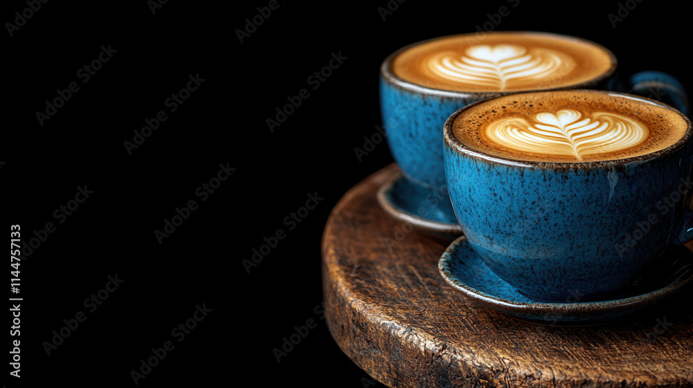 Cozy coffee scene featuring two blue cups of coffee with latte art on wooden table. rich aroma and warmth create perfect atmosphere for relaxation and enjoyment Cozy coffee scene featuring two blue cups of coffee with latte art on wooden table. rich aroma and warmth create perfect atmosphere for relaxation and enjoyment