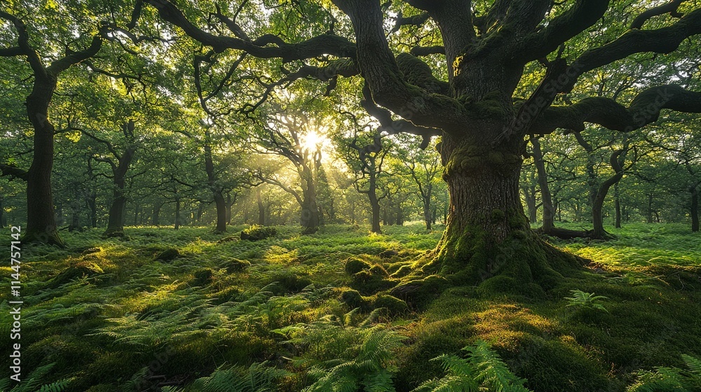 Naklejka premium Sunlight filtering through the canopy of a lush forest.