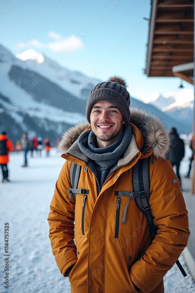 Smiling man in winter gear near snowy mountains Smiling man in winter gear near snowy mountains
