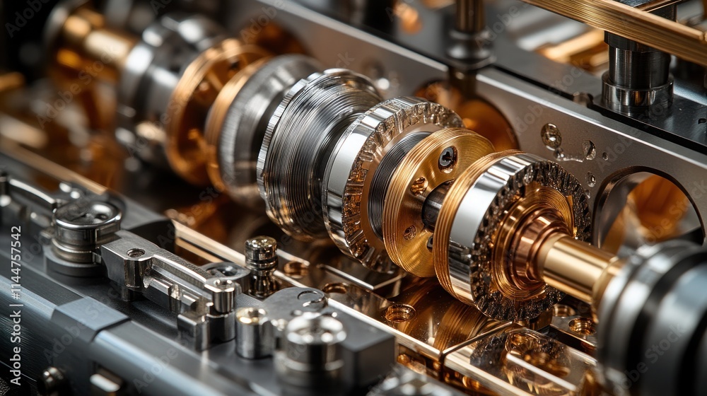 Close-up of intricate metallic gear mechanism. Close-up of intricate metallic gear mechanism.