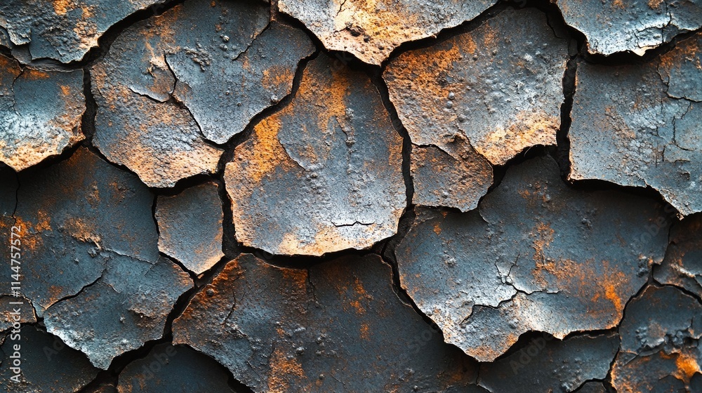 A close-up of cracked and rusted metal with peeling paint. A close-up of cracked and rusted metal with peeling paint.