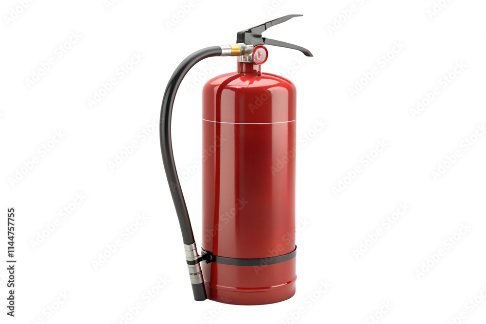A polished red fire extinguisher with a black base and hose, projecting a modern, functional design essential for fire safety, isolated on a transparent background A polished red fire extinguisher with a black base and hose, projecting a modern, functional design essential for fire safety, isolated on a transparent background