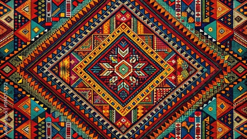Geometric tribal textile: vibrant indigenous patterns, abstract folk art, bohemian background.