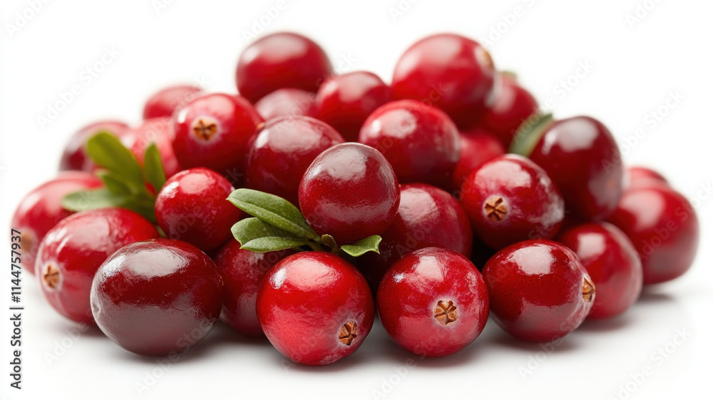 Fresh cranberries piled together, showcasing their vibrant red color and glossy texture, with green leaves adding touch of contrast. Perfect for holiday recipes and healthy snacks Fresh cranberries piled together, showcasing their vibrant red color and glossy texture, with green leaves adding touch of contrast. Perfect for holiday recipes and healthy snacks