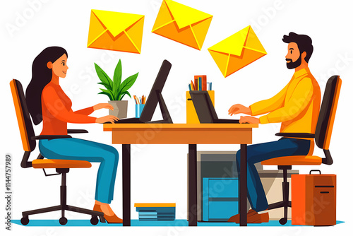 Two people are sitting at a desk with a lot of mail