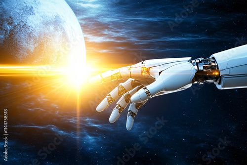 A robotic hand is reaching out towards a glowing sun in the sky
