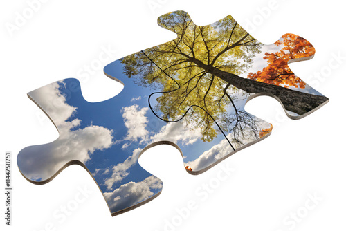 A vibrant puzzle piece showing a tree’s branches against a bright blue sky with fluffy white clouds, emphasizing nature’s beauty, isolated on a transparent background photo
