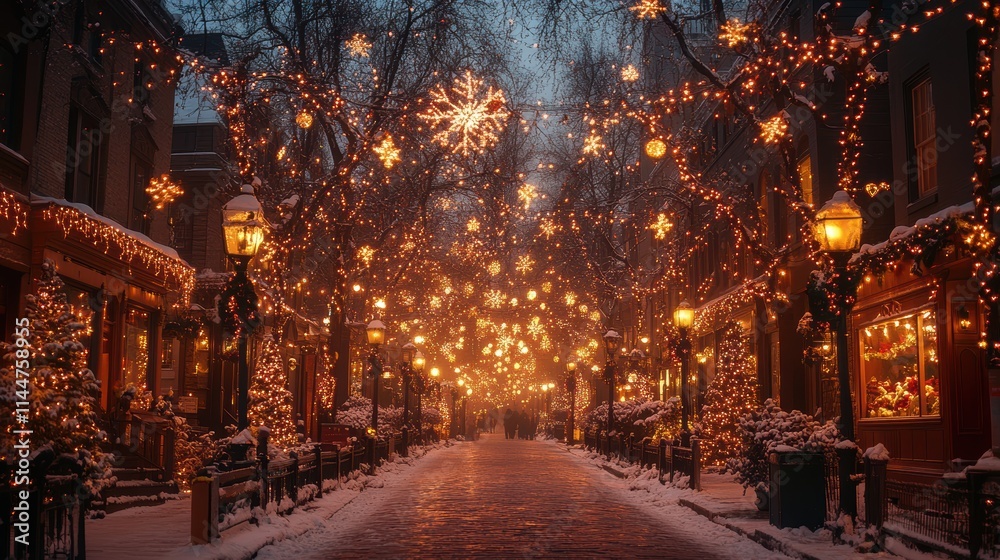 A mesmerizing winter street scene illuminated by countless twinkling holiday lights creating a magical atmosphere perfect for a festive and joyful evening stroll. A mesmerizing winter street scene illuminated by countless twinkling holiday lights creating a magical atmosphere perfect for a festive and joyful evening stroll.