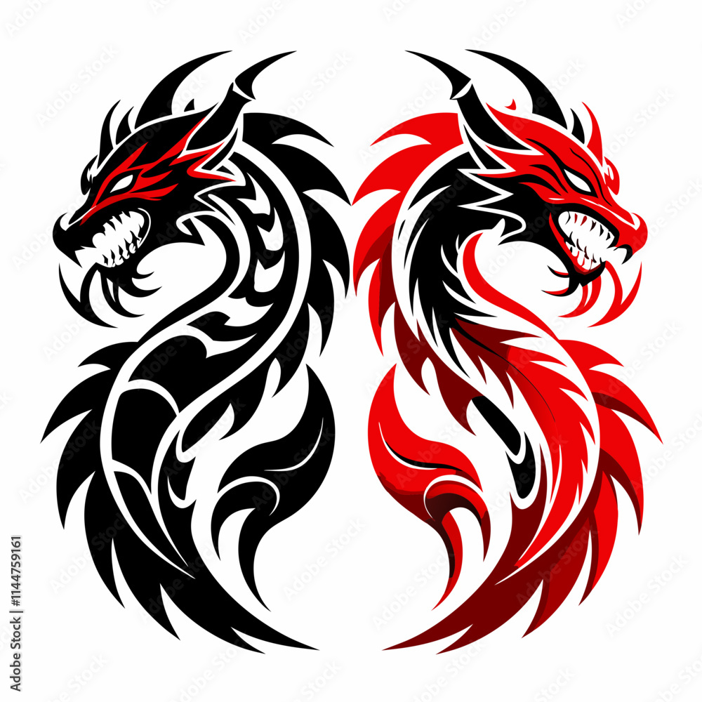 Fototapeta premium Black and Red Tribal Dragon Tattoo Vector: Fierce and Dynamic Design.