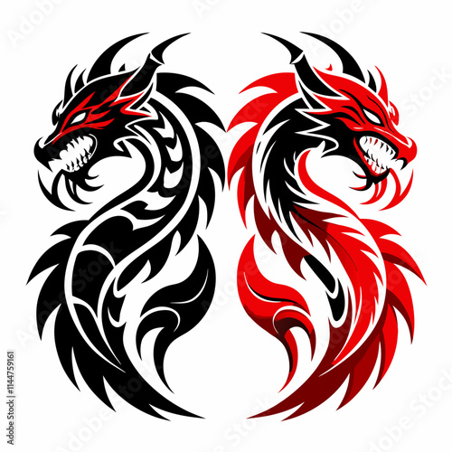 Black and Red Tribal Dragon Tattoo Vector: Fierce and Dynamic Design.