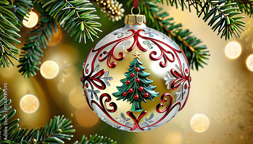Ornate Christmas Ornament with Pine Branch and Bokeh Lights Ornate Christmas Ornament with Pine Branch and Bokeh Lights