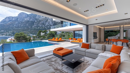 Luxurious Modern Living Room with Expansive Mountain View and Stunning Outdoor Pool in High-End Architectural Home Setting