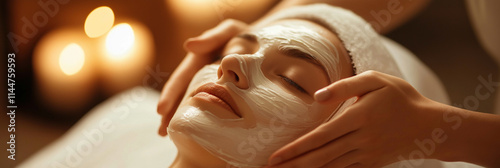 A serene moment captured as a woman receives a soothing facial treatment with a cream mask applied, evoking relaxation and indulgence in a spa setting.