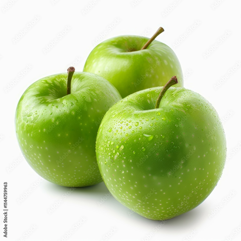 Three fresh green apples covered with water droplets are sitting on a white background Three fresh green apples covered with water droplets are sitting on a white background