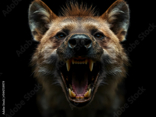 Close-up portrait of angry Hyena on black background photo