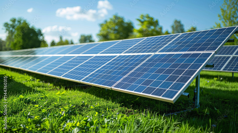 Solar Panel Array on Green Grass Under Clear Blue Sky Background Solar Panel Array on Green Grass Under Clear Blue Sky Background
