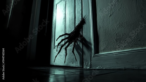 Eerie Creature Shadow Lurking by a Door in a Dark Hallway During Nighttime With an Unsettling Atmosphere photo