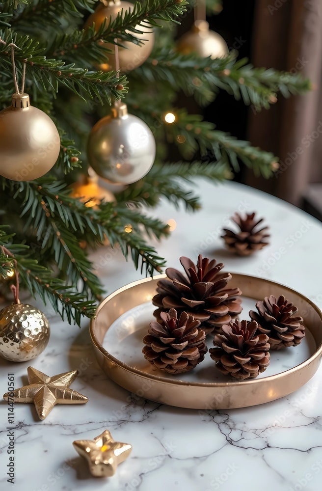 A marble table decorated with pine cones and ornaments creates a festive atmosphere A marble table decorated with pine cones and ornaments creates a festive atmosphere