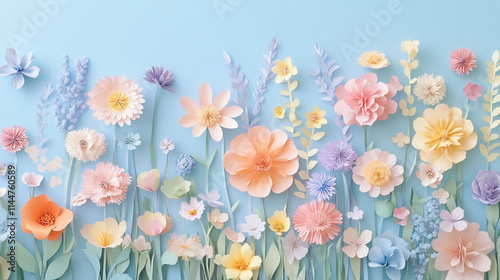 Floral paper cut art illustration background with beautiful elegant floral patterns and soft colors, Artistic display of handcrafted pastel paper flowers arranging randomly with patterns.