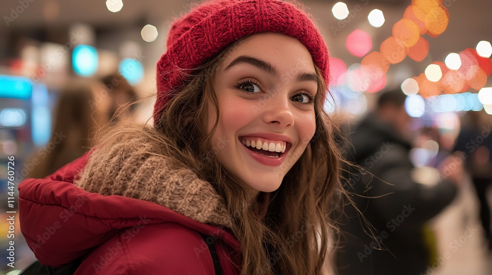 Happy girl in red beanie and coat smiles. Happy girl in red beanie and coat smiles.