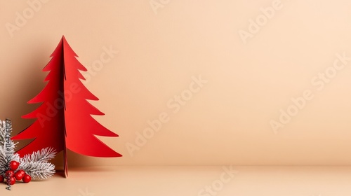 Red Paper Christmas Tree Minimalist Design - Festive, simple, elegant, modern, holiday.  A red paper Christmas tree with berries and greenery against a beige backdrop. photo