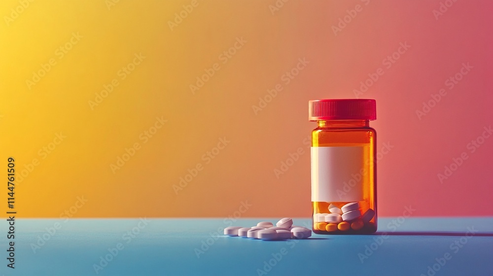 A bottle of pills and a pile of white tablets on a blue surface with a gradient background. A bottle of pills and a pile of white tablets on a blue surface with a gradient background.