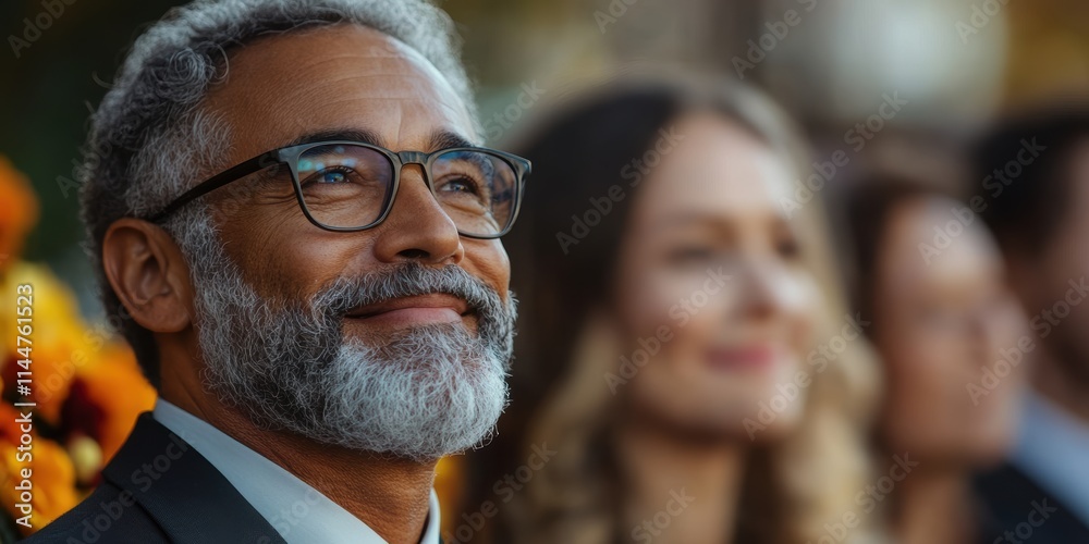 Fototapeta premium A Distinguished Gentleman with Glasses Smiles at a Public Event, Expressing a Sense of Contentment and Joy in a Social Gathering Setting with Diverse Background Figures