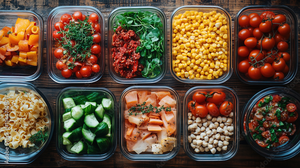 Meal prep containers filled with fresh vegetables and pasta arranged on a wooden table Meal prep containers filled with fresh vegetables and pasta arranged on a wooden table