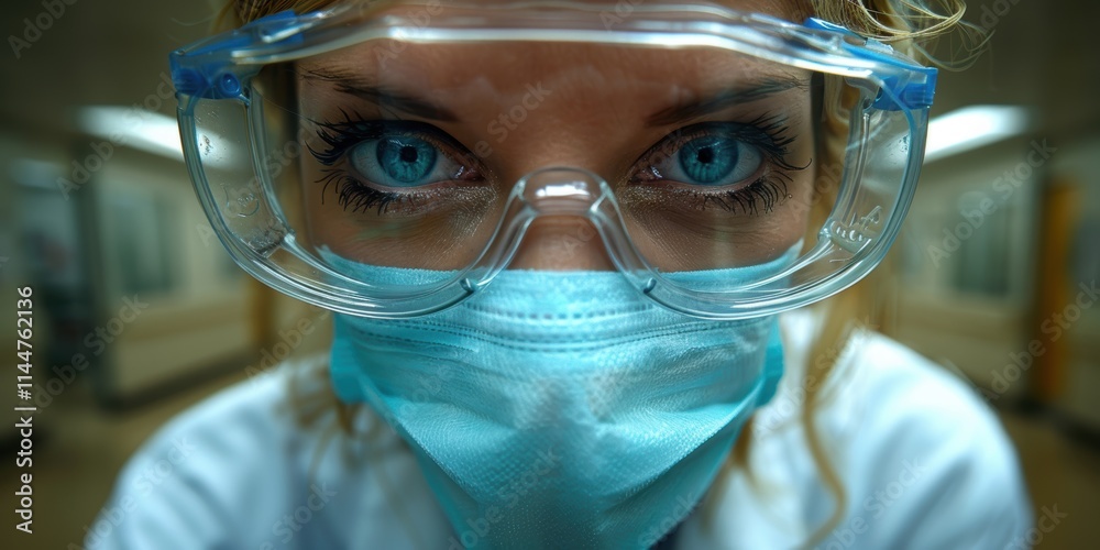 Close-Up Image of Person Wearing Protective Goggles and Face Mask with Intense Blue Eyes, Captured in a Scientific Environment for Safety and Clinical Research Purposes