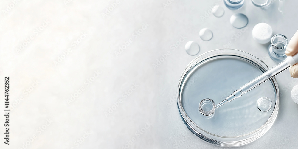 A laboratory setup with a Petri dish, pipette, and various lenses, set on a clean white background, representing scientific exploration and precision.