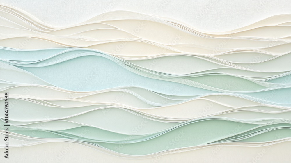 Obraz premium Soft, flowing waves of aqua blue, seafoam green, and pale beige overlap in a textured abstract design, evoking the calm and rhythmic motion of ocean tides under a tranquil sky.