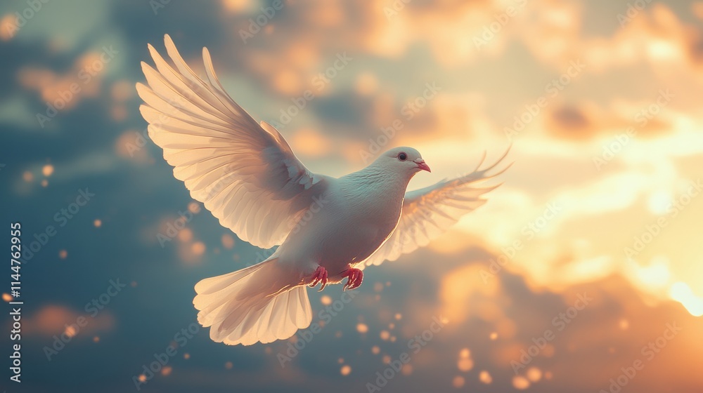 Fototapeta premium A serene white dove in flight amidst a dreamy sunset sky with soft glowing clouds, symbolizing peace and hope, creating a warm and ethereal atmosphere reflective of tranquility and serenity.