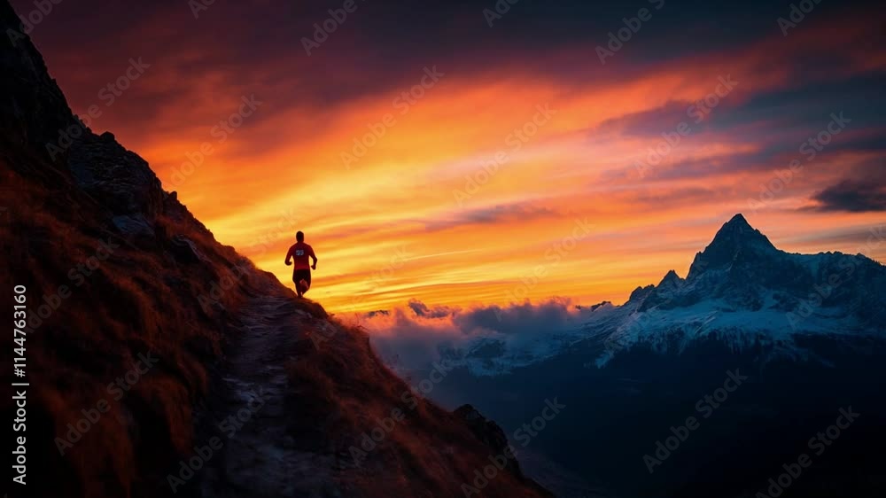 A runner is on a mountain trail at sunset. The sky is orange and the mountains are in the background A runner is on a mountain trail at sunset. The sky is orange and the mountains are in the background