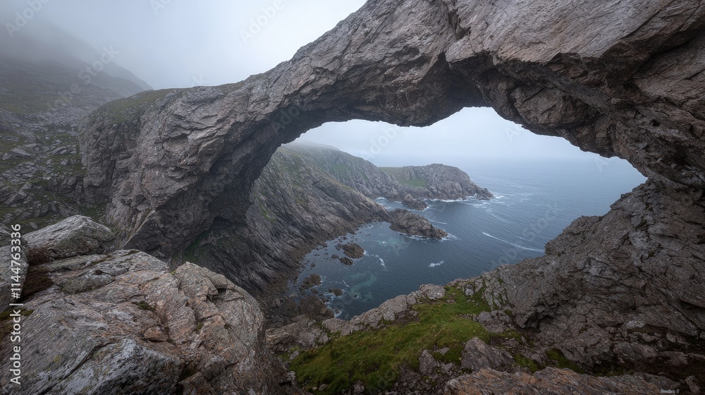 Misty coastal arch rock formation over ocean cove. Misty coastal arch rock formation over ocean cove.