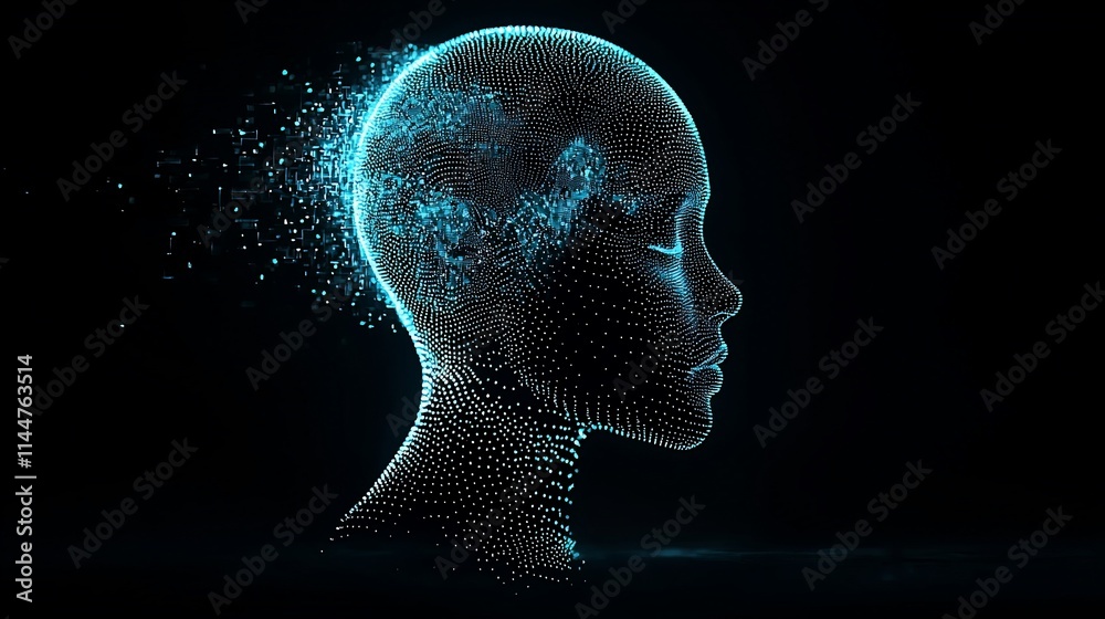 Disintegrating digital human head profile, glowing cyan particles on dark background.
