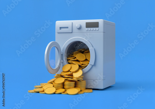 Concept of money laundering fraud with gold coins spilling out of a washing machine - isolated on blue background 3D cartoon