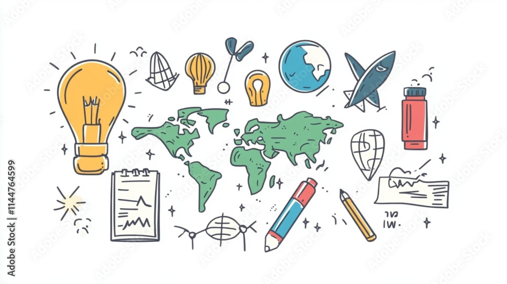 Business-themed doodles with science, travel, and finance icons for vector illustrations