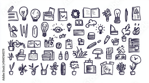 Business-themed doodle sets with office and startup symbols for vector illustrations
