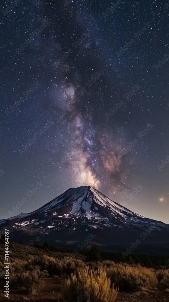 Serene Snowy Mountain Peak Under a Starry Night Sky Serene Snowy Mountain Peak Under a Starry Night Sky