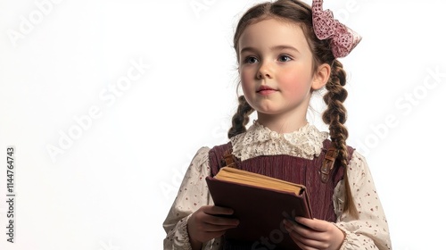 Young girl in vintage dress holding a book with thoughtful expression