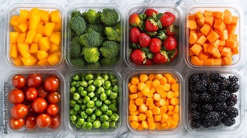 Fresh Fruits and Vegetables in Plastic Containers on a Marble Counter.